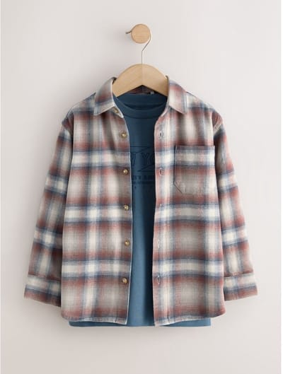Next - Jongens - 2-delige set van geruit overhemd met lange mouwen en T-shirt - Bruin