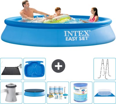 Intex Rond Opblaasbaar Easy Set Zwembad - 305 x 61 cm - Blauw - Inclusief Pomp - Afdekzeil - Onderhoudspakket - Filter - Grondzeil - Solar Mat - Ladder - Voetenbad - 9-delig