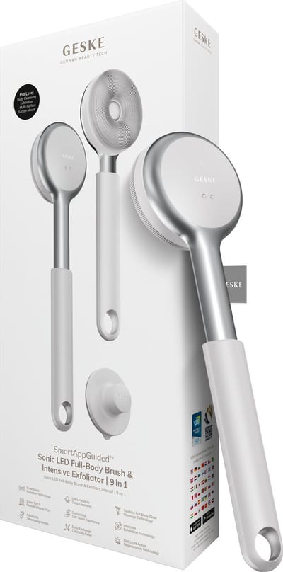 GESKE LED Sonic Full-Body Brush | 9 in 1 | Reinigingsborstel en exfoliator met led | Met SmartSonic-pulsaties | Dieptereiniging en massage | Ruwe huidverwijderaar | Verstelbare handgreep