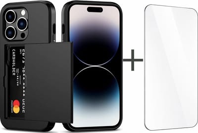 YPCd Hardcase Pasjeshouder Hoesje – Geschikt voor Apple iPhone 15 Pro – Shockproof Backcover met Verborgen Kaartvak – Inclusief Glazen Screenprotector – Zwart