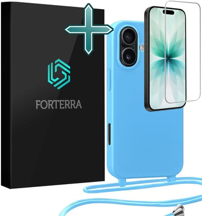 Hoesje Geschikt voor iPhone 17 Case Siliconen Hoes Met Koord Met Screenprotector - Hoes Geschikt voor iPhone 17 Met Telefoonkoord Hoesje Backcover - Lichtblauw