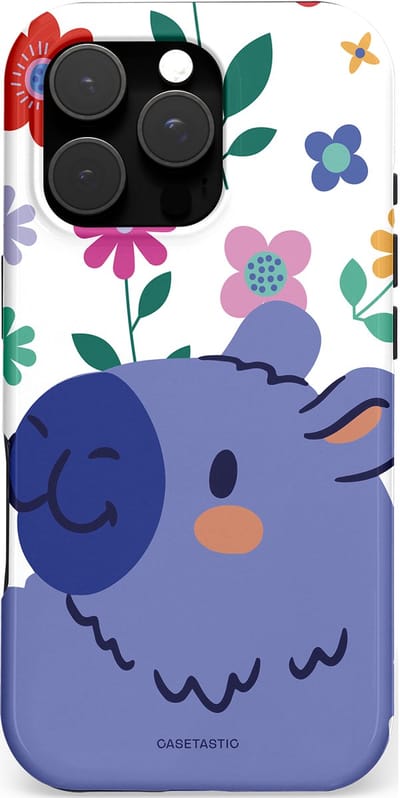 Casetastic hoesje geschikt voor Apple iPhone 16 Pro - MagSafe - Dubbellaagse bescherming - Capibara Bloempje Blauw - Fashion Case - Wit Lavendel Donkerblauw