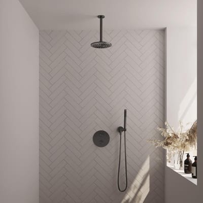 Brauer Gunmetal Edition thermostatische inbouw regendouche 3-weg rond SET 77 met 20 cm douchekop en plafondarm en staaf handdouche en doucheslang en wandaansluitbocht gunmetal geborsteld PVD