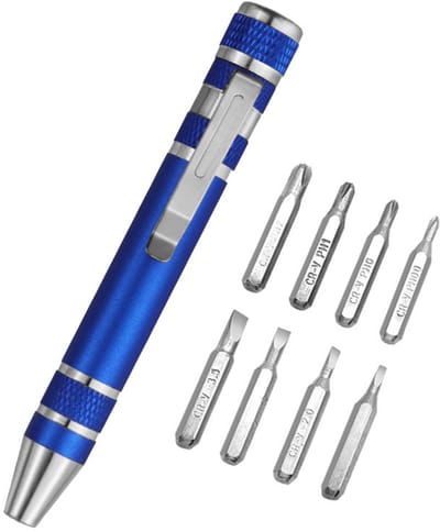 8-in-1 mini pocket pen schroevendraaierset CR-V multifunctionele kleine magnetische schroevendraaier met Phillips en sleufbits voor computer, brillen, blauw