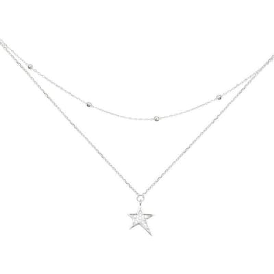 Collier Pendentif Étoile Chaîne de Perles Double Couche Argent Sterling 925 Micro Zircone Cubique Ras du Cou Pour Femmes S-N464 40cm add 5cm white