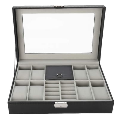 Dailygoody - Horlogebox - 8 Compartimenten - Elegante opslag voor horloges - 30 x 21 x 8 cm - Glazen deksel - Veilig met slot - Geschikt voor dam