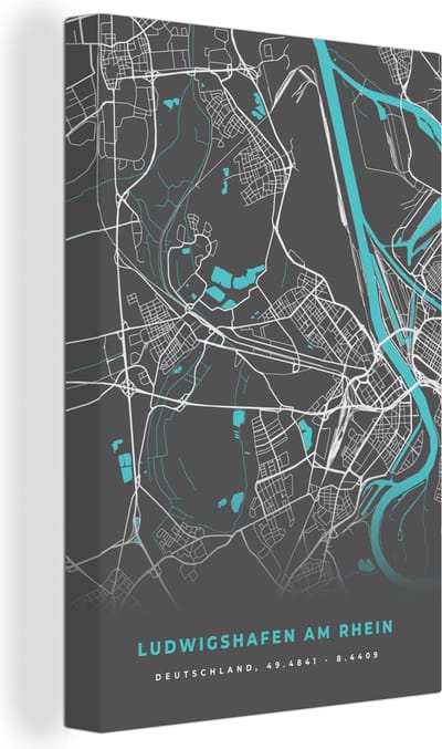Canvas Schilderij Duitsland – Blauw – Ludwigshafen am Rhein – Stadskaart – Kaart – Plattegrond - 20x30 cm - Wanddecoratie