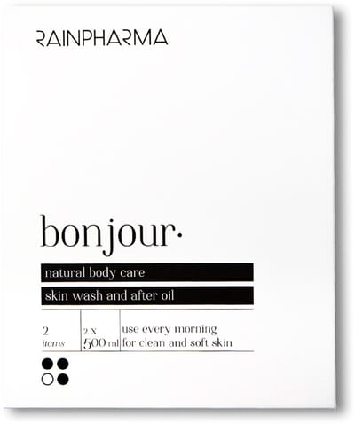 RainPharma Cadeauset Bonjour – Skin Wash 500 ml + After Oil 500 ml – Luxe Huidverzorging Geschenkset – Natuurlijke Douchegel & Huidolie – pH 5.5 – Vegan & Plantaardig – Verwenpakket – 1 Pomp per wasbeurt