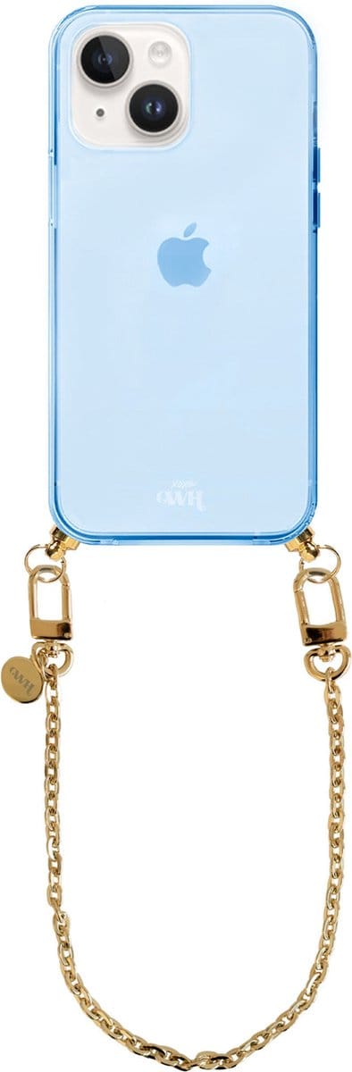 xoxo Wildhearts silicone case met koord - Blauw telefoonhoesje met koord - telefoonketting - Dreamy - short - Cord Case - geschikt voor Apple iPhone 13 - Korte gouden ketting