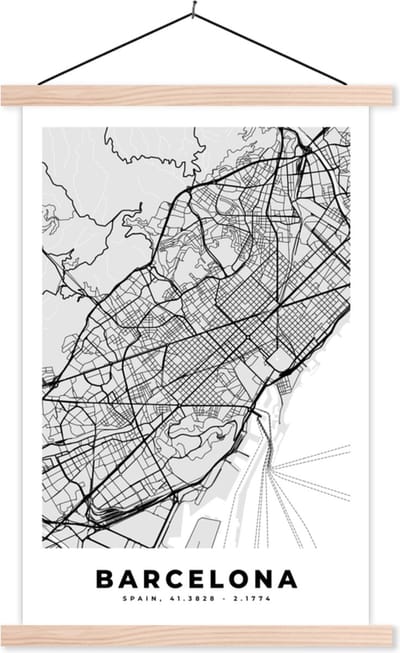 Posterhanger incl. Poster 40x60 cm - Schoolplaat - Barcelona - Stadskaart - Plattegrond - Zwart Wit - Kaart - Textielposter - Blanke latten - Stadskaart