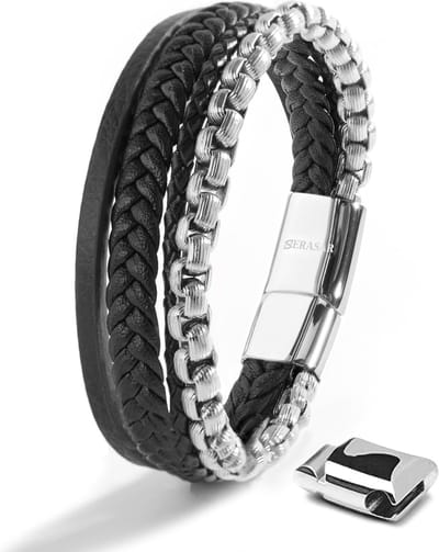 SERASAR | Leren armband voor heren [Hero] met dubbele roestvrijstalen en magnetische sluiting | Kleur: Zilver | Lengte: 17