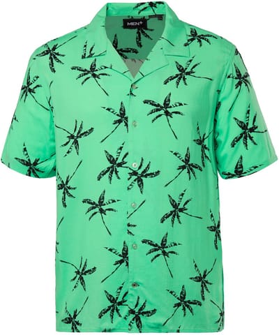 Men Plus - Heren - Overhemd korte mouwen palmenprint Cubaanse kraag - Blauwgroen - Maat 3XL