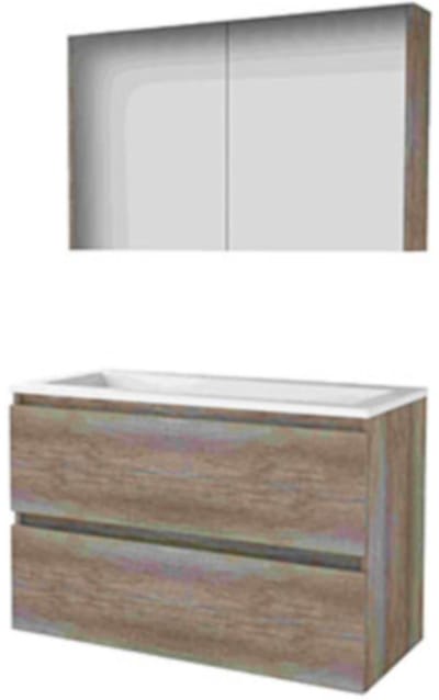 Basic-Line Comfort 46 Badkamermeubelset - 100 x 46 cm - Greeploos - 2 Lades - Acryl Wastafel - Zonder Kraangat - Spiegelkast - Scotch Oak