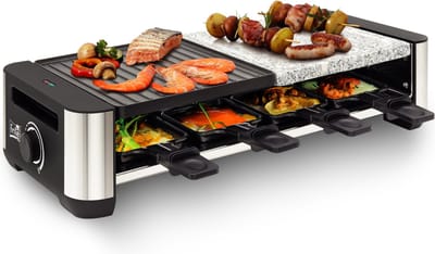 Fritel Gourmetstel - RSG 3280 - 2-in-1 Raclette Grill - Contactgrill met Omkeerbare Bakplaat - Tafelgrill 8 Personen - Tepanyaki Bakplaat - 1400W - Incl. 8 Raclettepannetjes + Spatels