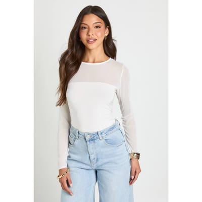 boohoo Dames Bodysuit Met Mesh Paneel Aan De Voorkant En Lange Mouwen | Wit | Maat: 34