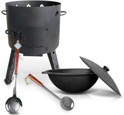 Gietijzeren Kazan (16L) Set met Deksel en Schuimspaan - Geschikt voor Vuurkorf en Camping