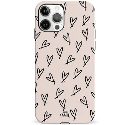 xoxo Wildhearts All Yours - Double Layer - Hoesje geschikt voor iPhone 12 Pro case - Siliconen hoesje met hartjesprint - Hartjes - Hardcover - Beschermhoes - Optimale bescherming - Beige - Zwart