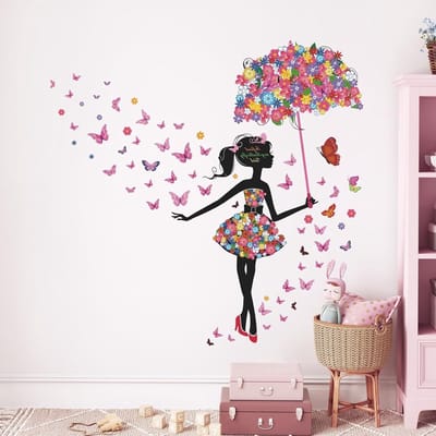 Kleurige Bloemen Fee Wandstickers voor Meisjes met Paraplu, Vrolijke Vlinders en Vinyl Muurdecoratie voor Kinderkamer, Speelkamer en Woonkamer