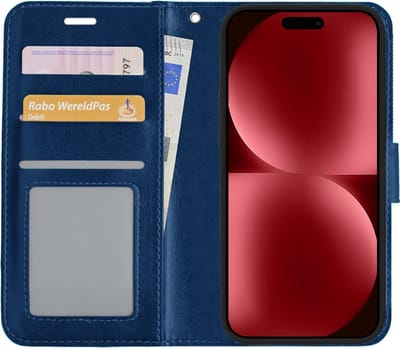 Hoesje - Met Pasjeshouder - Geschikt voor Apple iPhone 15 - Luxe Bookcase Portemonee - Flip Case - Kunstleer Book Case - Flipcase - Book Cover - Walletcase - Portemonneehoes - Donkerblauw