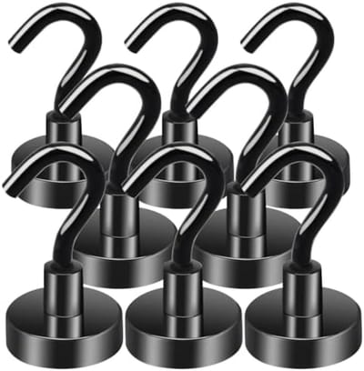 8 stuks extra sterke magneethaken 20 mm, zwarte neodymium magneten met haak voor metalen oppervlakken, keuken, garage, camping organisatie