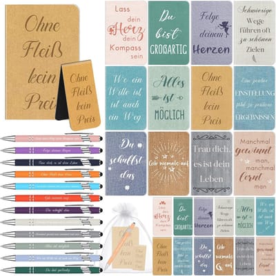 Dailygoods- Bedankcadeaus 12 Sets - Mini-notitieblokken - Balpen met Spreuk - Magnetische Bladwijzer - Afscheidscadeau - Inspirerende Cadeaus