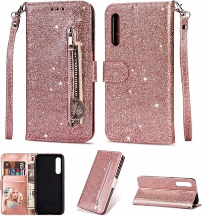 Portemonnee Hoesje - Wallet Case - Rits Sparkly Glitter - Telefoonhoes met Kord Geschikt voor: Samsung Galaxy A01 - Rosegoud