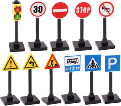 bricksNblocks® bouwblokjes verkeersborden set | set van 10 verkeersborden en voetgangerslicht, uitbreidingsset | past op alle standaard bouwblokjes, inclusief de Deense blokjes