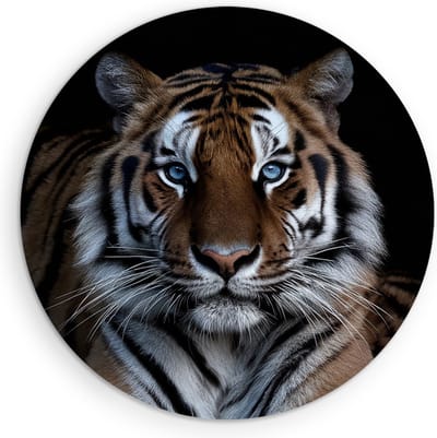 Saammp Muurcirkel Hout - Tijger Met Blauwe Ogen - Natuur - Dieren - Ø 90 - Wandcirkel - Wanddecoratie Cirkel - muurdecoratie Woonkamer - Slaapkamer decoratie - Rond Schilderij