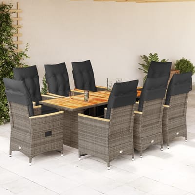 vidaXL - 9-delige - Bistroset - met - kussens - poly - rattan - grijs