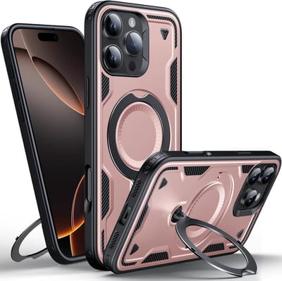 Magsafe Hoesje Geschikt voor iPhone 16 Pro Hoesje Rose Goud - Armor Hoesje met Met Draaibare Ring Houder