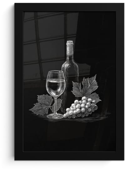 Poster in lijst - Fotolijst 20x30 cm - Posters - Wijnfles - Glas - Druiven - Bladeren - Posterlijst zwart - Decoratie - Wanddecoratie woonkamer - Muurdecoratie slaapkamer