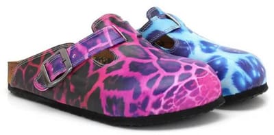 GOBY – Dames Clogs – Paars en Blauw Luipaardprint – Handgemaakt – Vegan Leer – Comfortabele Kurken Zool – Maat 35