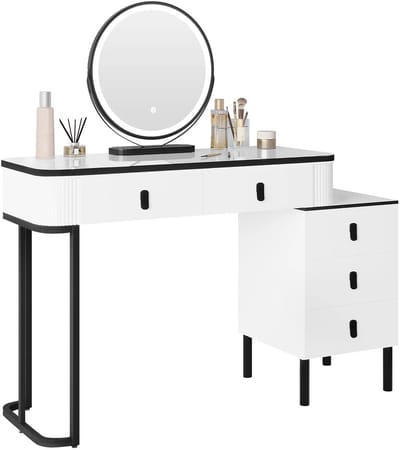 Norvia Kaptafel met spiegel, verlichting, kruk en 5 lades - Make up tafel - Open vakken - Modern design - 100 x 125 x 40 cm