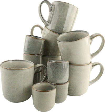 OTIX Koffiekopjes - Set van 12 - Espresso - Kopjes - 80ml - Mokken - 420ml - Koffietassen - Theemok - Aardewerk - BEECH