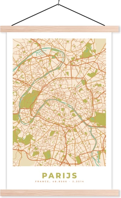 Posterhanger incl. Poster 40x60 cm - Schoolplaat - Kaart - Parijs - Stadskaart - Vintage - Plattegrond - Textielposter - Blanke latten - Stadskaart
