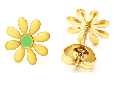 Oorbellen - Studs - Oorknopjes - RVS - Roestvrij Staal - Bloemetjes - Daisy - Geel - 10mm - Goudkleurig