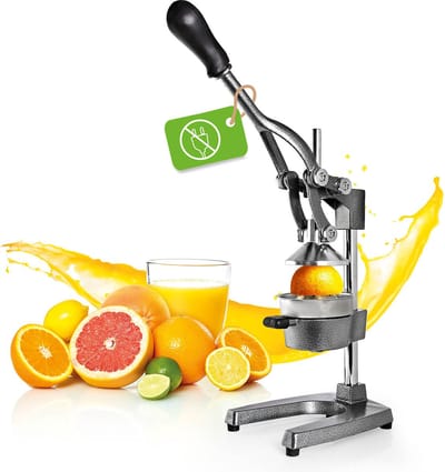 Lumaland roestvrijstalen sapcentrifuge | Hoogwaardige, zeer stille, handbediende citruspers | Stijlvolle handpers, onderhoudsvrij en krachtig voor veel meer sap | Eenvoudig verse sappen persen