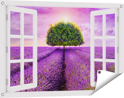Gards Tuinposter Doorkijk Groene Boom in de Lavendel Bloemen - 90x60 cm - Tuindoek - Tuindecoratie - Wanddecoratie buiten - Tuinschilderij