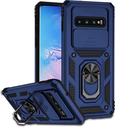 Coverup Hoesje - Geschikt voor Samsung Galaxy S10 Hoesje - Coverup Armor Ring Kickstand Back Cover met Camera Shield - Blauw