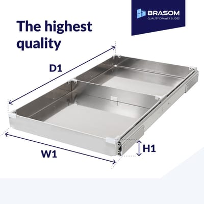 Aluminium lade V04.1 + ladegeleiders + lage vloermontage + breedteschot; D1150 x B499 x H100 mm
