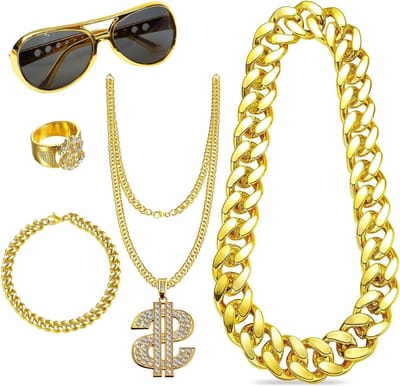 Complete Hip Hop Kostuumset voor Mannen, 80s en 90s Rapper Accessoires, 5-delige Gangster Outfit met Ketting, Dollar Hanger, Ringen, Armbanden en Zonnebril