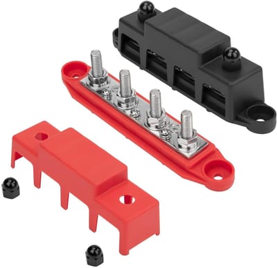 Verdeelblok voor voertuigen - Stroomverdeler met aansluitbouten - Geschikt voor auto, camper, boot - 250 A - Rood/Zwart - 2 stuks - 12 V-48 V DC