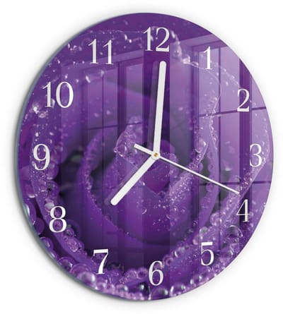Tulup Wandklok - Roos Glazen Wandklok Design - 30fi cm - Paars Klok Glas Met Opdruk - Witte Handen - Ronde Wandklok - Glazen Klok Met Print - Wandklok Glas Met Motief