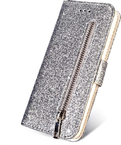 Hoesje geschikt voor Oppo A73 Glitter Bookcase met rits van LuxeBass - hoesje - portemonneehoesje - Zilver gsm hoesje - telefoonhoes - telefoonhoesjes