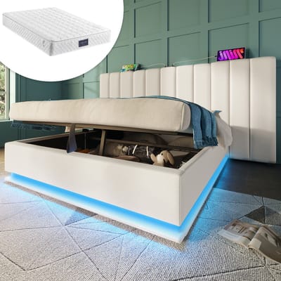 Gestoffeerd bed 160x200, tweepersoonsbed met opbergruimte, app-gestuurde ledverlichting en USB-C-oplaadfunctie, bedframe met lattenbodem, PU, wit, inclusief matras, exclusief nachtkastje.