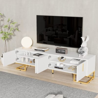 Wishdor - Tv-Meubel - Vier Deuren Met Geïntegreerde Planken - Met Puffer-Scharnieren En Verstelbare Poten - Spaanplaat - Wit - 170 x 40 x 45,5 cm