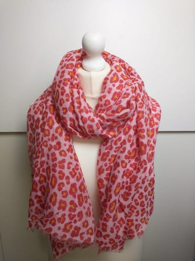 Lange dames sjaal Inez-pantermotief-rood geel wit