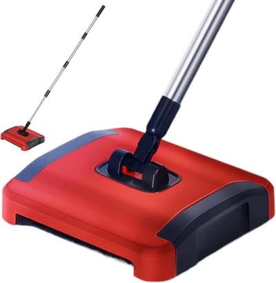 Handmatige Vloerreiniger - Veegmachine Tapijt - Stof Vangen - 3 Draaiende Borstels - 110 cm Lengte - Zwart Rood