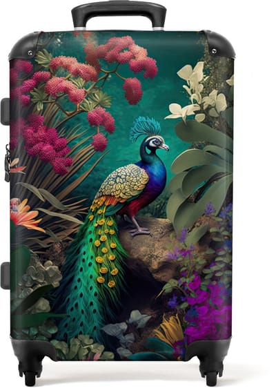 NoBoringSuitcases.com - Koffer - Pauw - Veren - Bloemen - Jungle - Reiskoffer - Hardcase koffer - Lichtgewicht - TSA slot - Handbagage koffer - Trolley op wieltjes - 66 cm - Fotokoffer - 72 liter - Grote koffer - 20 kg bagage