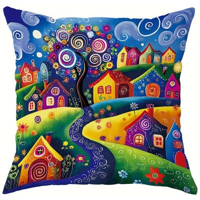 Décoration d'intérieur Housse de coussin à motif village coloré et arbre Housse de coussin à motif adaptée pour canapé, chambre à coucher, housse de coussin pour voiture 45x45cm